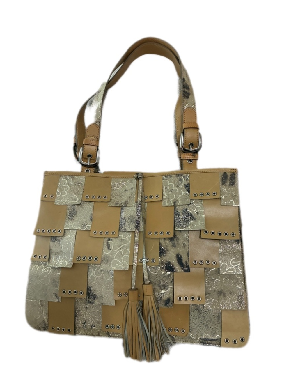 Sharif EUC Marc & Marc Patchwork Medallion shoulder Beige LEATHER bag w/Tassel